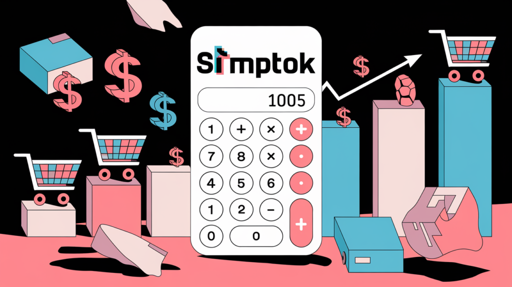 A sleek, interactive mockup of the Engagement-to-Sales Calculator in action, showing users inputting values like views and likes and getting real-time results for estimated sales, potential revenue, and ROI. The background could feature TikTok-themed elements, such as dancing icons or a subtle wave pattern, to keep the image dynamic and fun.