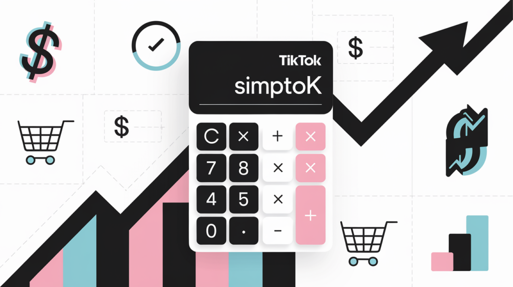 A TikTok-themed image featuring a calculator interface branded with 'SimpTok,' surrounded by icons of dollar signs, shopping carts, and upward-trending graphs. The design highlights the concept of profit margin and revenue analysis for TikTok Shop sellers, using TikTok's signature colors for a modern and engaging look. Perfect for illustrating TikTok Shop data insights and e-commerce success.