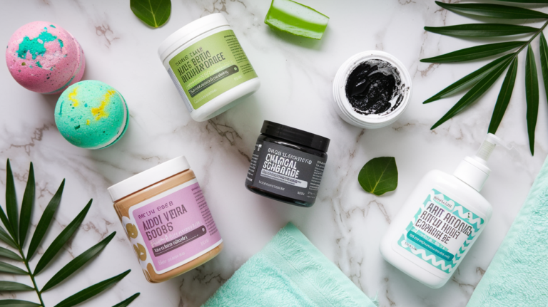 Popular bath and body care products including bath bombs, aloe vera gel, charcoal scrub, and hydrating lotion on a marble surface with green leaves and towel accents.