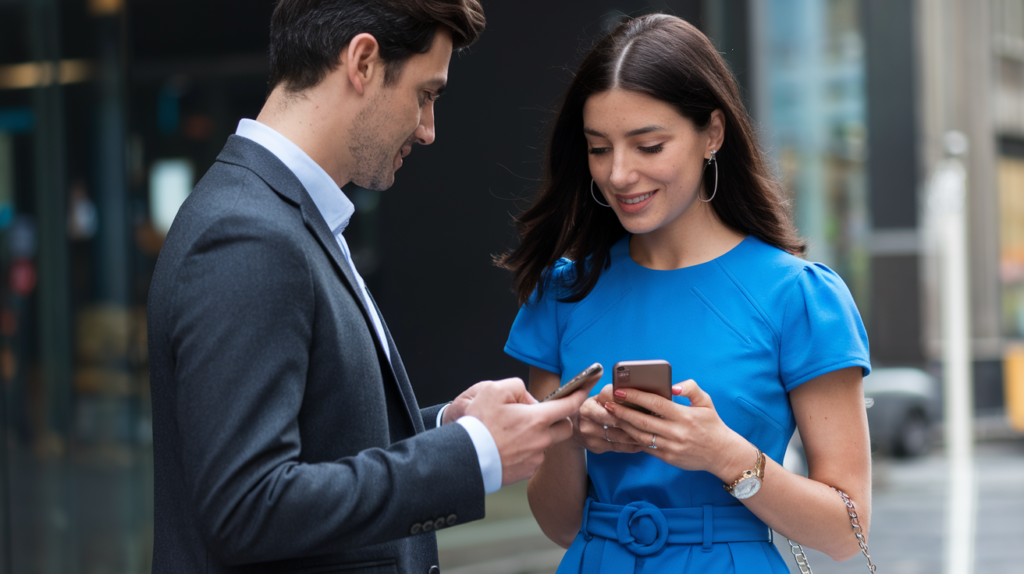 Two people discussing a TikTok collaboration with phones in hand