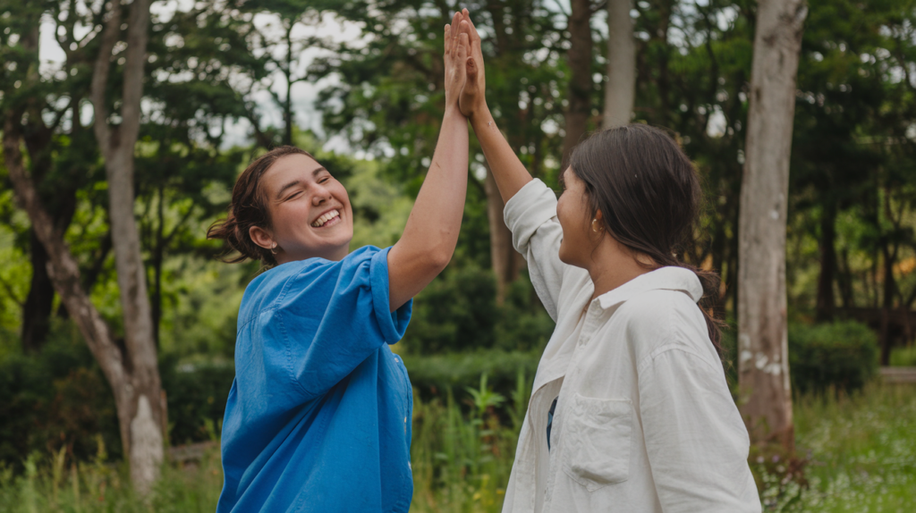 Person celebrating a small success with a friend