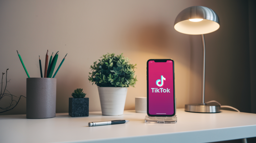 Phone displaying the TikTok app on a desk