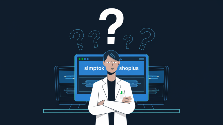 researcher, analytics on computer, dark background, large question marks in the air. Text 'SimpTok' and 'Shoplus'