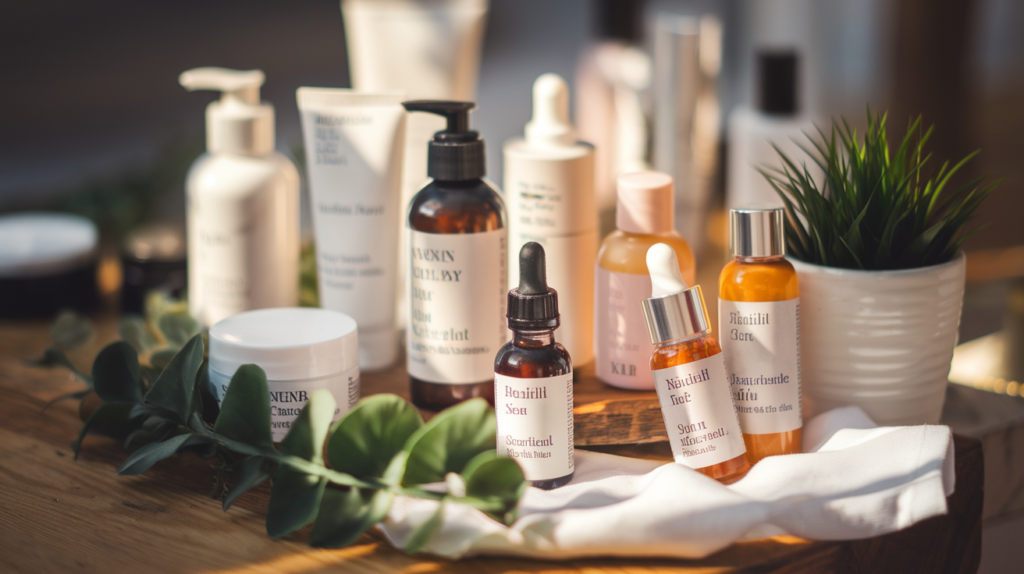 Skincare products arranged on a table with natural elements for product listing