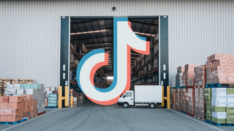 Warehouse with TikTok logo and boxes on the sides.