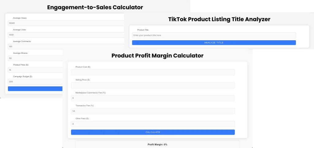 Picture of three of SimpTok's free tiktok analytics tools, including a product margin calculator, TikTok product listing name optimizer, and prelaunch sales forecasting tool.