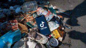 TikTok on a smartphone in a pile of trash.