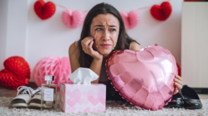 Woman crying with pink things around her because TikTok is banned.