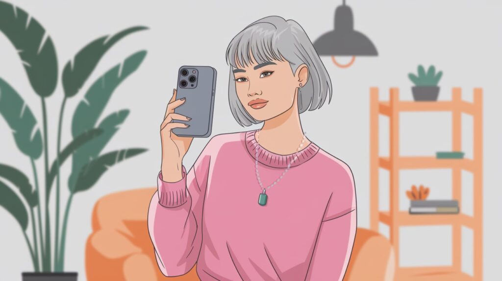 A TikTok influencer with short hair is holding a smartphone camera. She is wearing a pink sweater and a necklace.